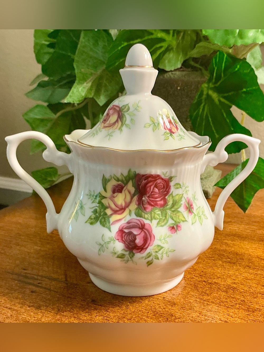 Vintage Crystal Clear English Rose Porcelain Sugar Bowl